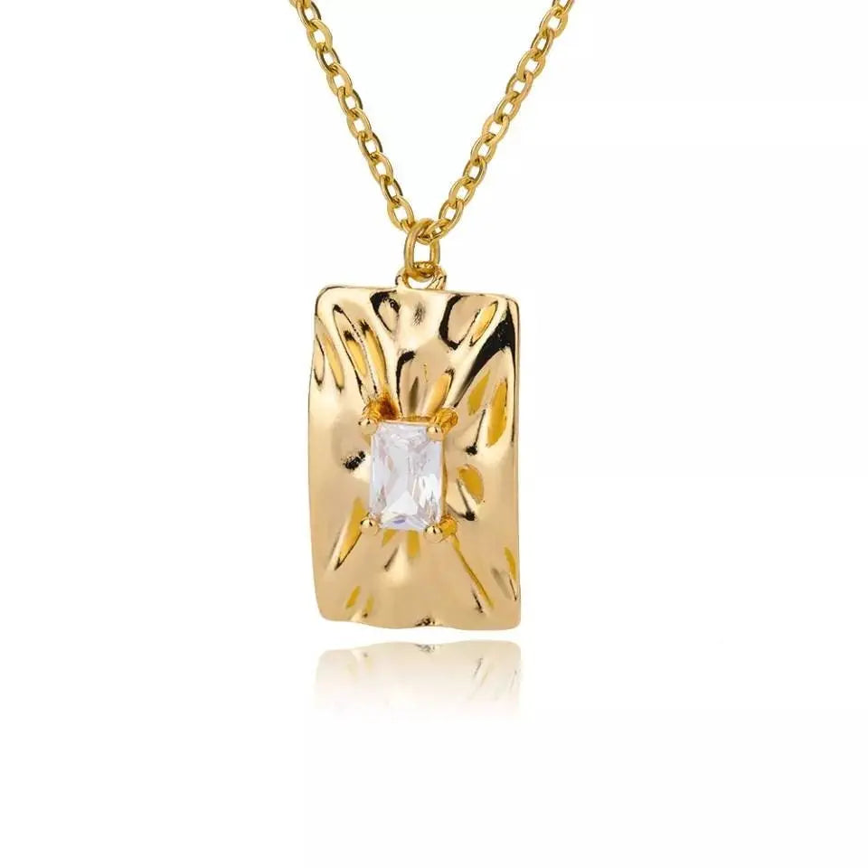 14K Gold Plated Irregular Rectangular Zircon Necklace Vintage Stainless Steel Geometric Clavicle Necklace Silver - JettsJewelers