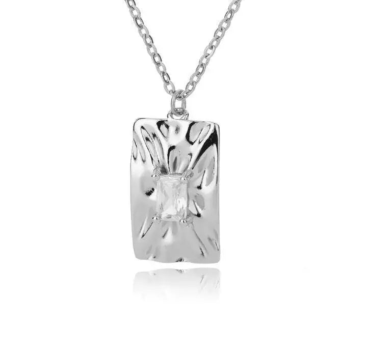 14K Gold Plated Irregular Rectangular Zircon Necklace Vintage Stainless Steel Geometric Clavicle Necklace Silver - JettsJewelers