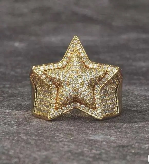 14K Gold Plated Star Iced Out CZ Simulated Diamond Flooded 3D Star