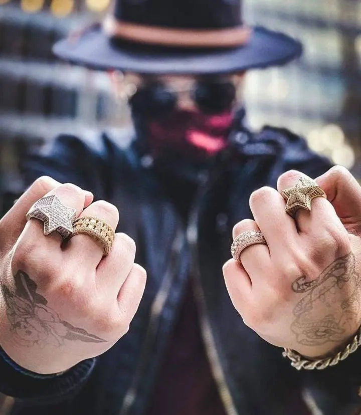 14K Gold Plated Star Iced Out CZ Simulated Diamond Flooded 3D Star Punky Rappers Ring for Men Engagement Hip Hop Jewelry - JettsJewelers