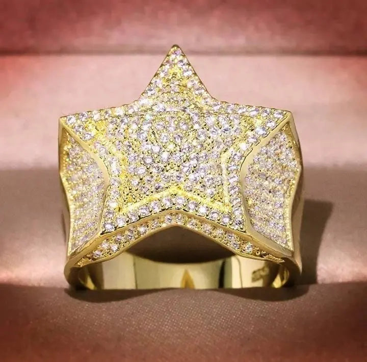 14K Gold Plated Star Iced Out CZ Simulated Diamond Flooded 3D Star Punky Rappers Ring for Men Engagement Hip Hop Jewelry - JettsJewelers