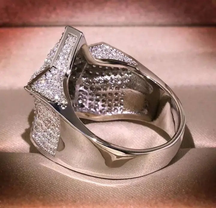 14K Gold Plated Star Iced Out CZ Simulated Diamond Flooded 3D Star Punky Rappers Ring for Men Engagement Hip Hop Jewelry - JettsJewelers