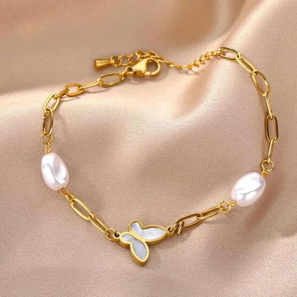 14k Gold Imitation Plated Pearls Bracelets Butterfly Bracelet Jewelry Gift for Women and Girls - JettsJewelers