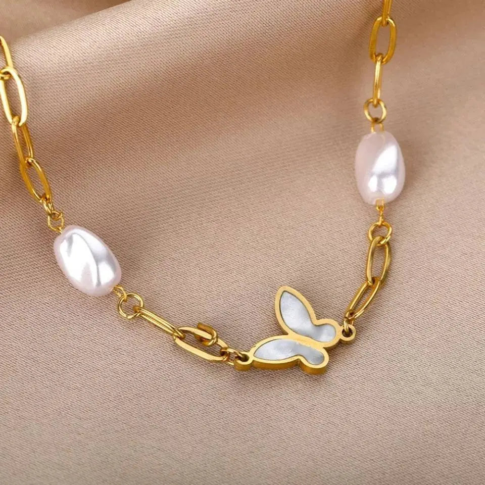 14k Gold Imitation Plated Pearls Bracelets Butterfly Bracelet Jewelry Gift for Women and Girls - JettsJewelers