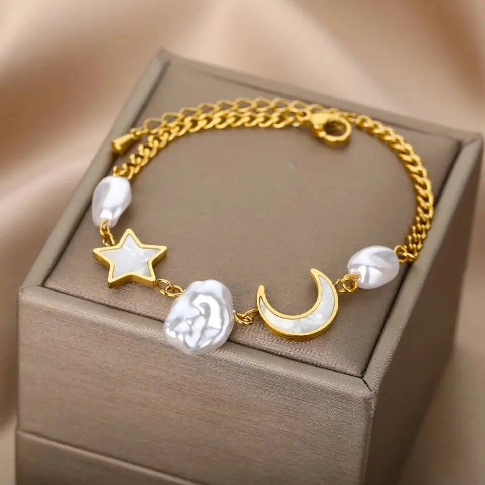 14k Gold Plated Moon and Star Imitation Pearls Bracelets Bracelet Jewelry Gift for Women and Girls - JettsJewelers