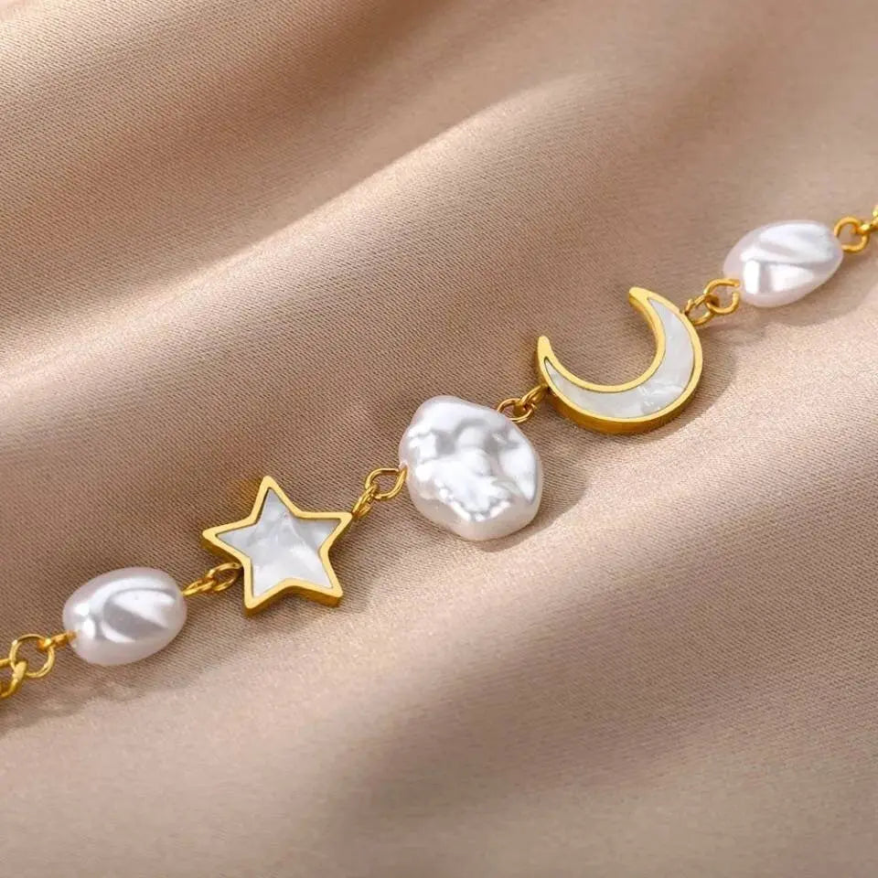 14k Gold Plated Moon and Star Imitation Pearls Bracelets Bracelet Jewelry Gift for Women and Girls - JettsJewelers