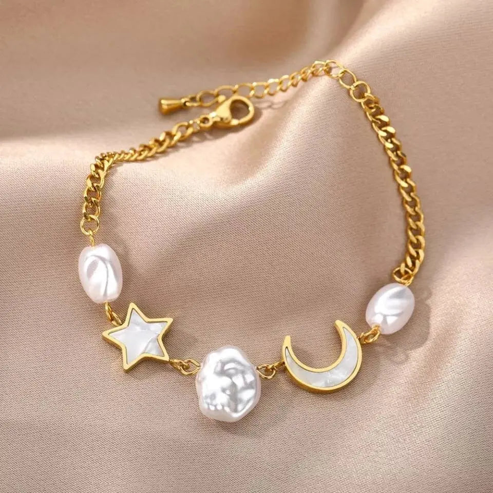 14k Gold Plated Moon and Star Imitation Pearls Bracelets Bracelet Jewelry Gift for Women and Girls - JettsJewelers