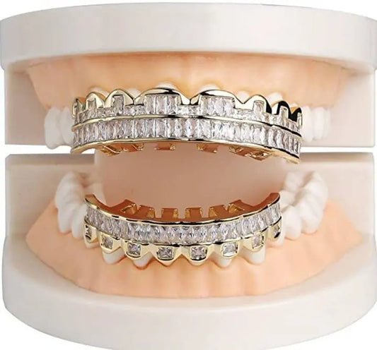 14k White Gold Plated Rose Gold Custom Baguette Iced Out Top and Bottom Grills for Your Teeth Hip Hop Men - JettsJewelers