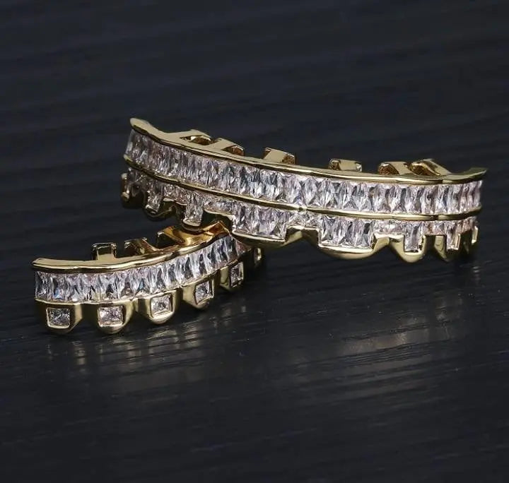 14k White Gold Plated Rose Gold Custom Baguette Iced Out Top and Bottom Grills for Your Teeth Hip Hop Men - JettsJewelers