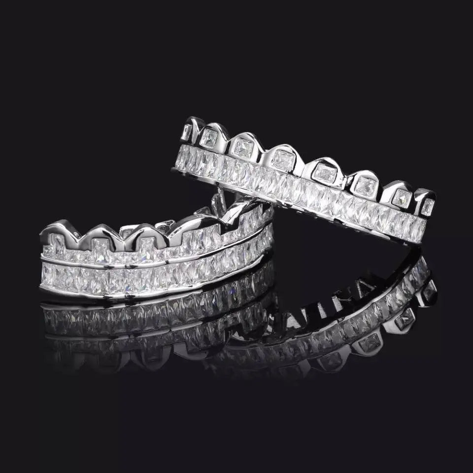 14k White Gold Plated Rose Gold Custom Baguette Iced Out Top and Bottom Grills for Your Teeth Hip Hop Men - JettsJewelers