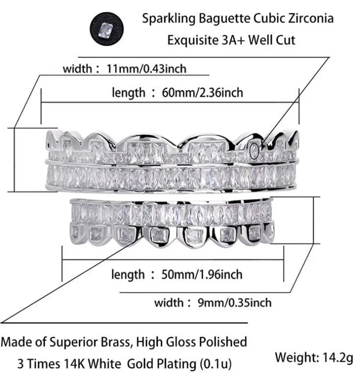 14k White Gold Plated Rose Gold Custom Baguette Iced Out Top and Bottom Grills for Your Teeth Hip Hop Men - JettsJewelers