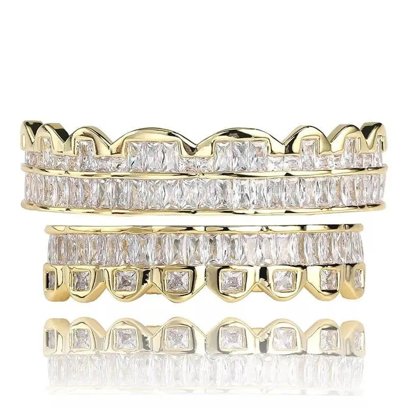 14k White Gold Plated Rose Gold Custom Baguette Iced Out Top and Bottom Grills for Your Teeth Hip Hop Men - JettsJewelers