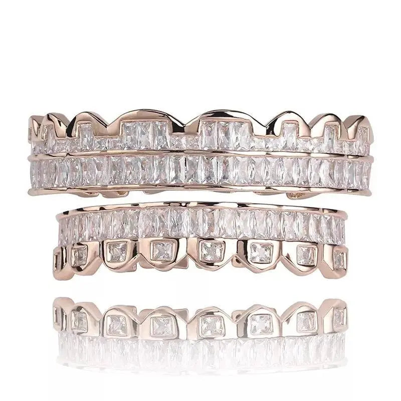 14k White Gold Plated Rose Gold Custom Baguette Iced Out Top and Bottom Grills for Your Teeth Hip Hop Men - JettsJewelers