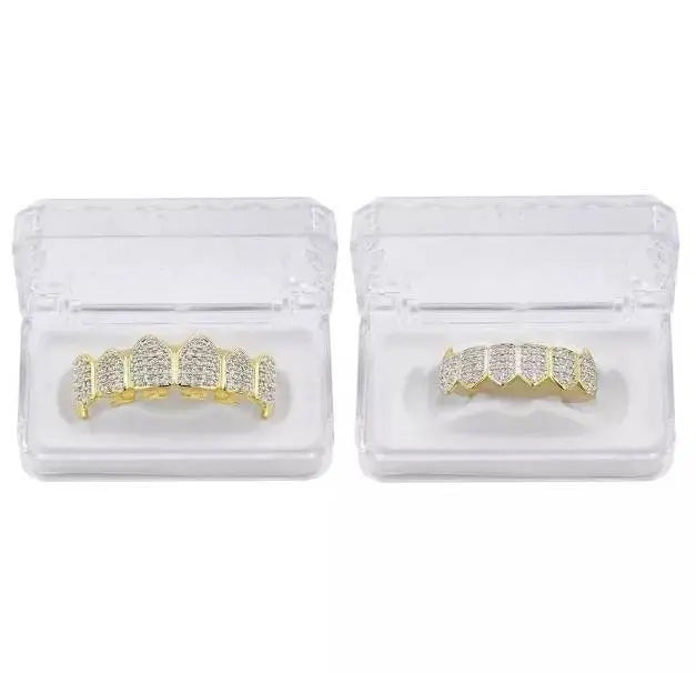 18K Fang Gold Plated Iced Out Simulated 6 Top and Bottom Diamond Grills Hip-hop - JettsJewelers