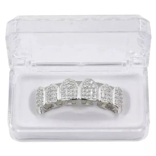 18K Fang Gold Plated Iced Out Simulated 6 Top and Bottom Diamond Grills Hip-hop - JettsJewelers