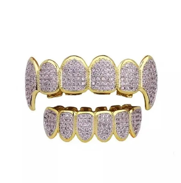 18K Fang Gold Plated Iced Out Simulated 6 Top and Bottom Diamond Grills for Your Teeth - JettsJewelers