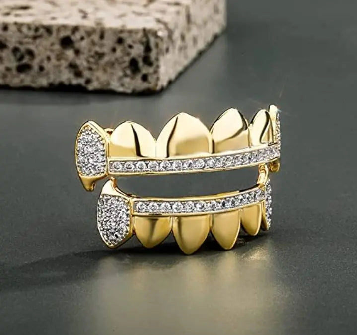 18K Fang Gold and Bling Plated Iced Out Simulated 6 Top and Bottom Diamond Grills for Your Teeth - JettsJewelers