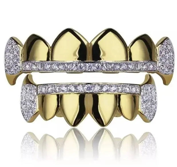 18K Fang Gold and Bling Plated Iced Out Simulated 6 Top and Bottom Diamond Grills for Your Teeth - JettsJewelers