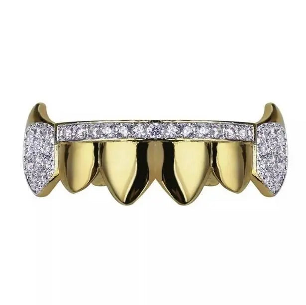 18K Fang Gold and Bling Plated Iced Out Simulated 6 Top and Bottom Diamond Grills for Your Teeth - JettsJewelers