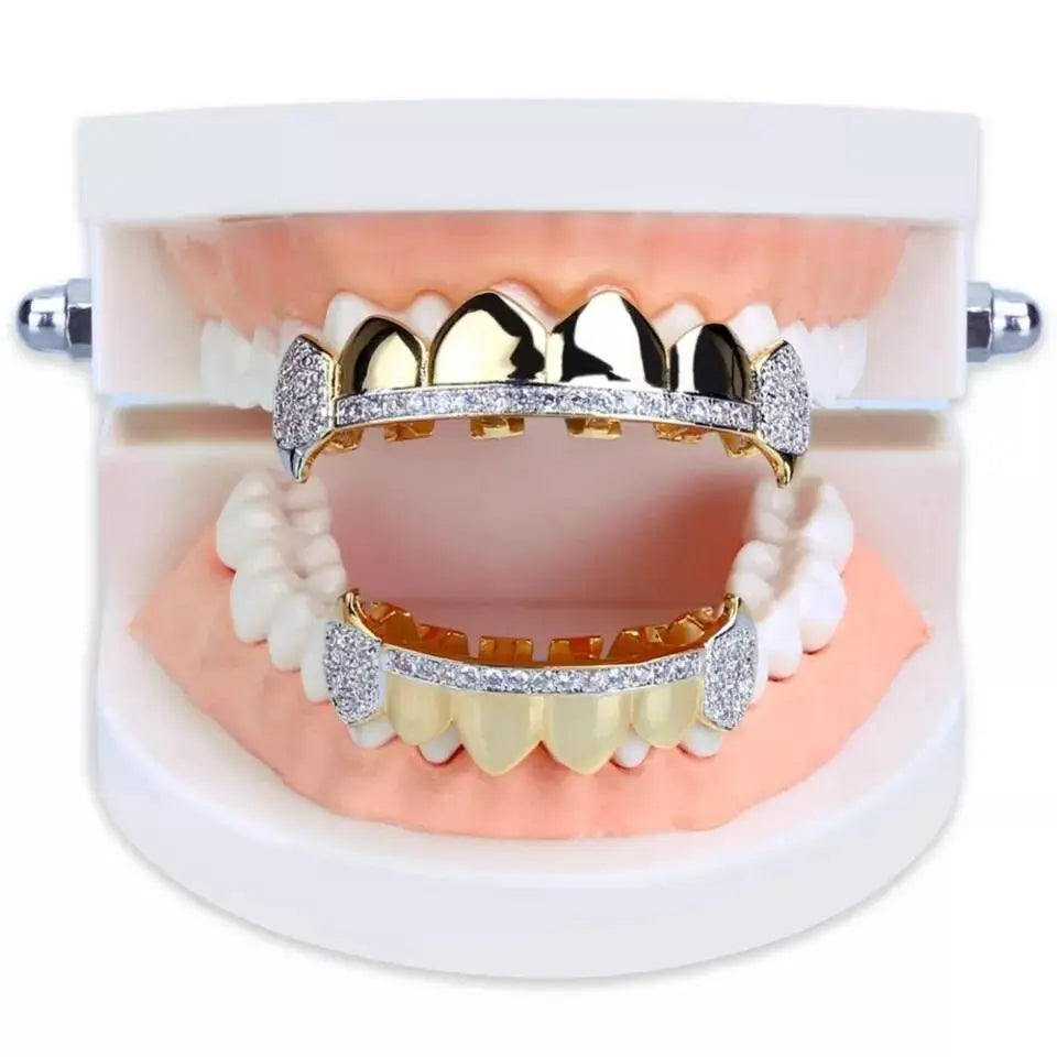 18K Fang Gold and Bling Plated Iced Out Simulated 6 Top and Bottom Diamond Grills for Your Teeth JettsJewelers