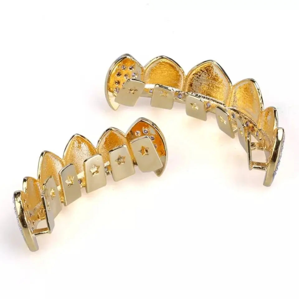 18K Fang Gold and Bling Plated Iced Out Simulated 6 Top and Bottom Diamond Grills for Your Teeth JettsJewelers