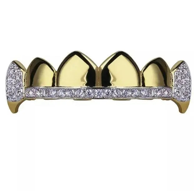 18K Fang Gold and Bling Plated Iced Out Simulated 6 Top and Bottom Diamond Grills for Your Teeth JettsJewelers