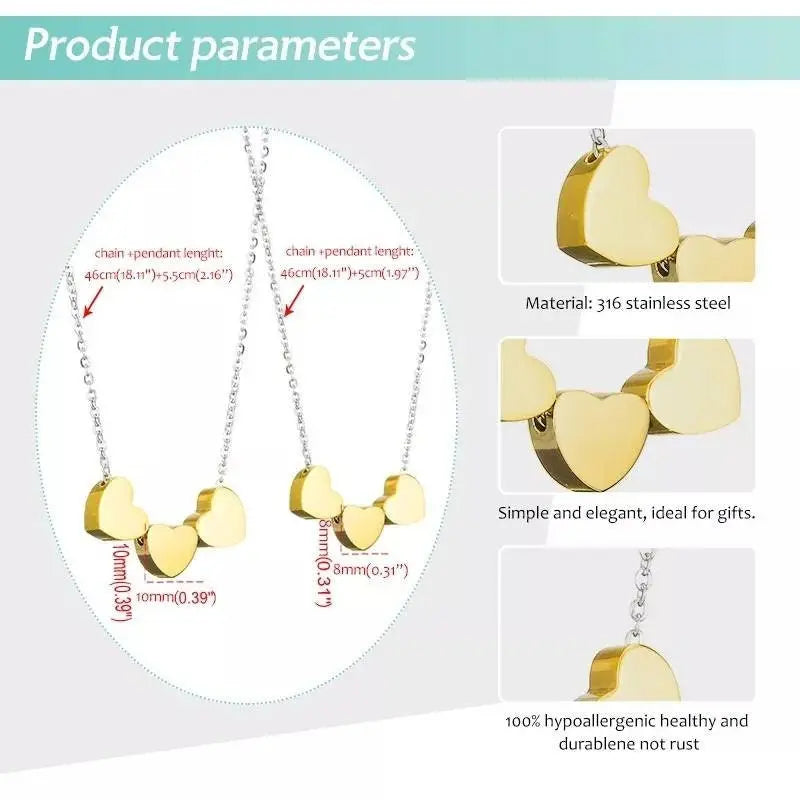 18K Gold 3 Sisters Teeny Tiny Heart Pendant Necklace for Women 3 Hearts Stainless Steel Chain Gold Plated JettsJewelers