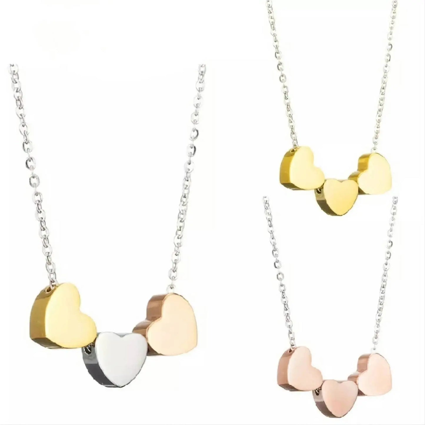 18K Gold 3 Sisters Teeny Tiny Heart Pendant Necklace for Women 3 Hearts Stainless Steel Chain Gold Plated JettsJewelers