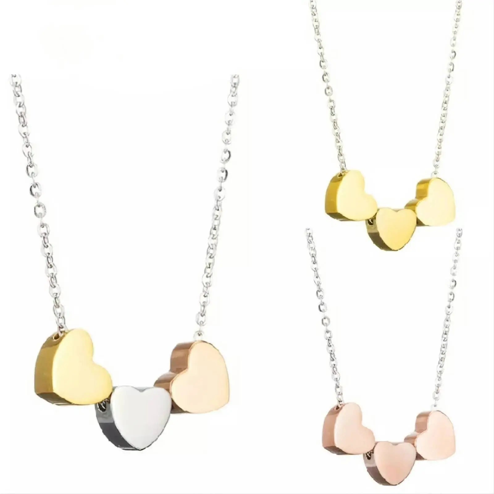 18K Gold 3 Sisters Teeny Tiny Heart Pendant Necklace for Women 3 Hearts Stainless Steel Chain Gold Plated JettsJewelers