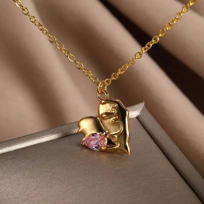 18K Gold Colorful Gem Zircon Inlaid Heart Pendant Necklace for Women Stainless Steel Gold Plated JettsJewelers