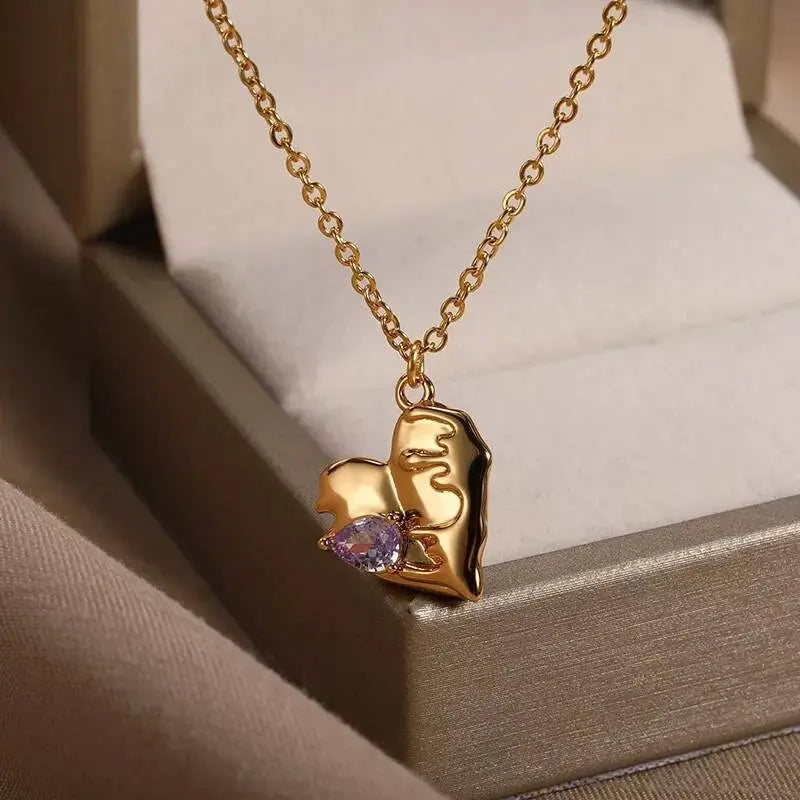 18K Gold Colorful Gem Zircon Inlaid Heart Pendant Necklace for Women Stainless Steel Gold Plated JettsJewelers