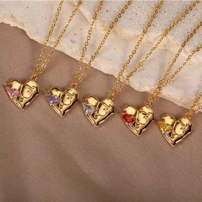 18K Gold Colorful Gem Zircon Inlaid Heart Pendant Necklace for Women Stainless Steel Gold Plated JettsJewelers