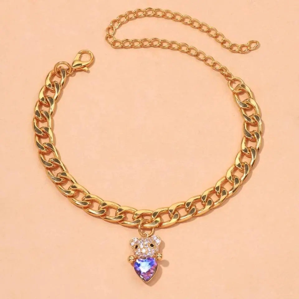 18K Gold Plated Curby Chain Purple Bear Heart Anklet - JettsJewelers