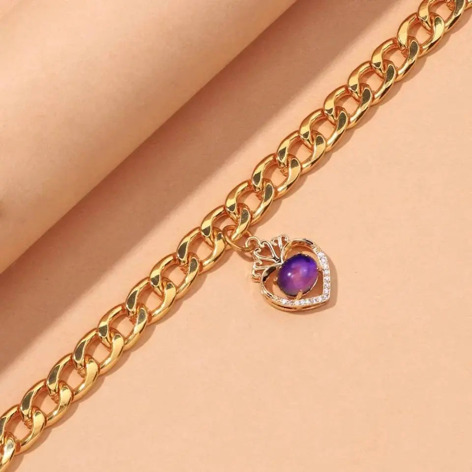18K Gold Plated Curby Chain Purple Bear Heart Anklet - JettsJewelers