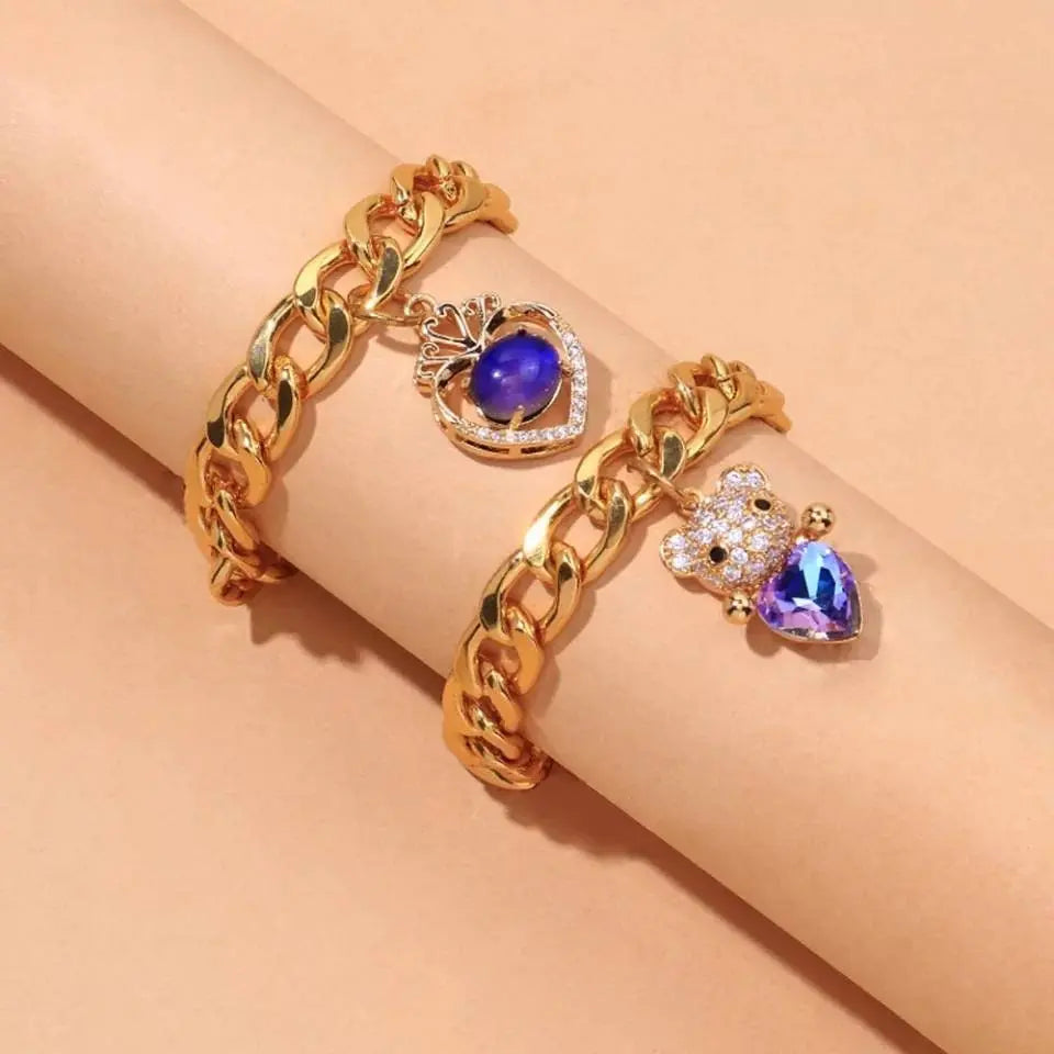 18K Gold Plated Curby Chain Purple Bear Heart Anklet - JettsJewelers