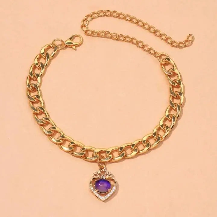 18K Gold Plated Curby Chain Purple Bear Heart Anklet - JettsJewelers
