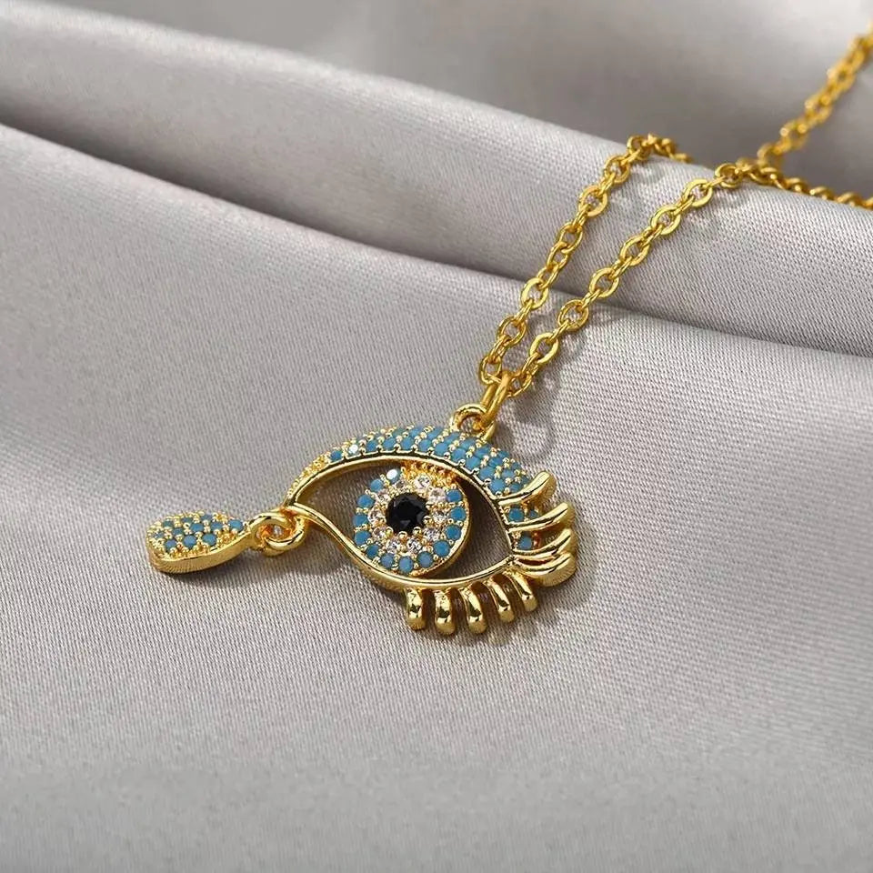 18K Gold Plated Evil Eye Pendant Necklace Clavicle for Women Stainless Steel Gold Plated JettsJewelers