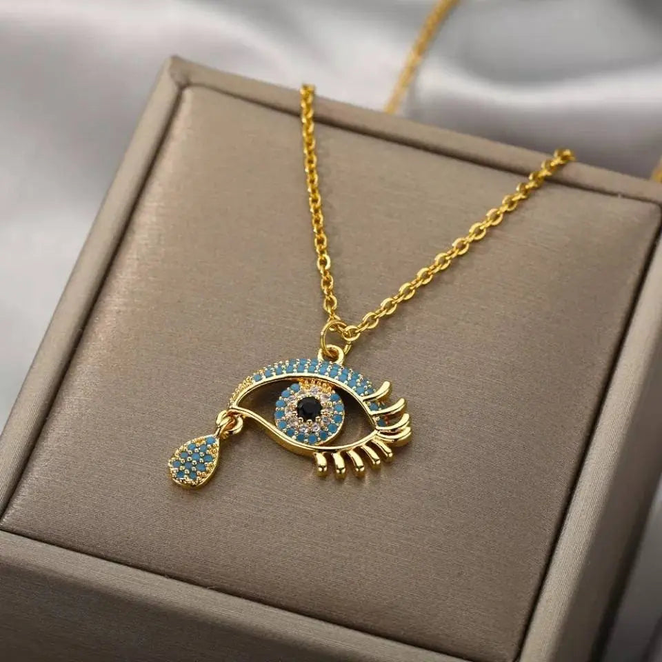 18K Gold Plated Evil Eye Pendant Necklace Clavicle for Women Stainless Steel Gold Plated JettsJewelers