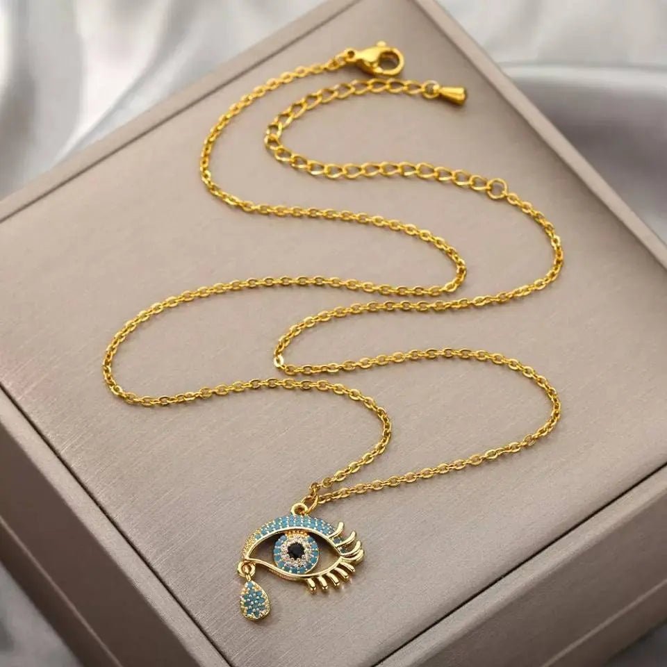 18K Gold Plated Evil Eye Pendant Necklace Clavicle for Women Stainless Steel Gold Plated JettsJewelers