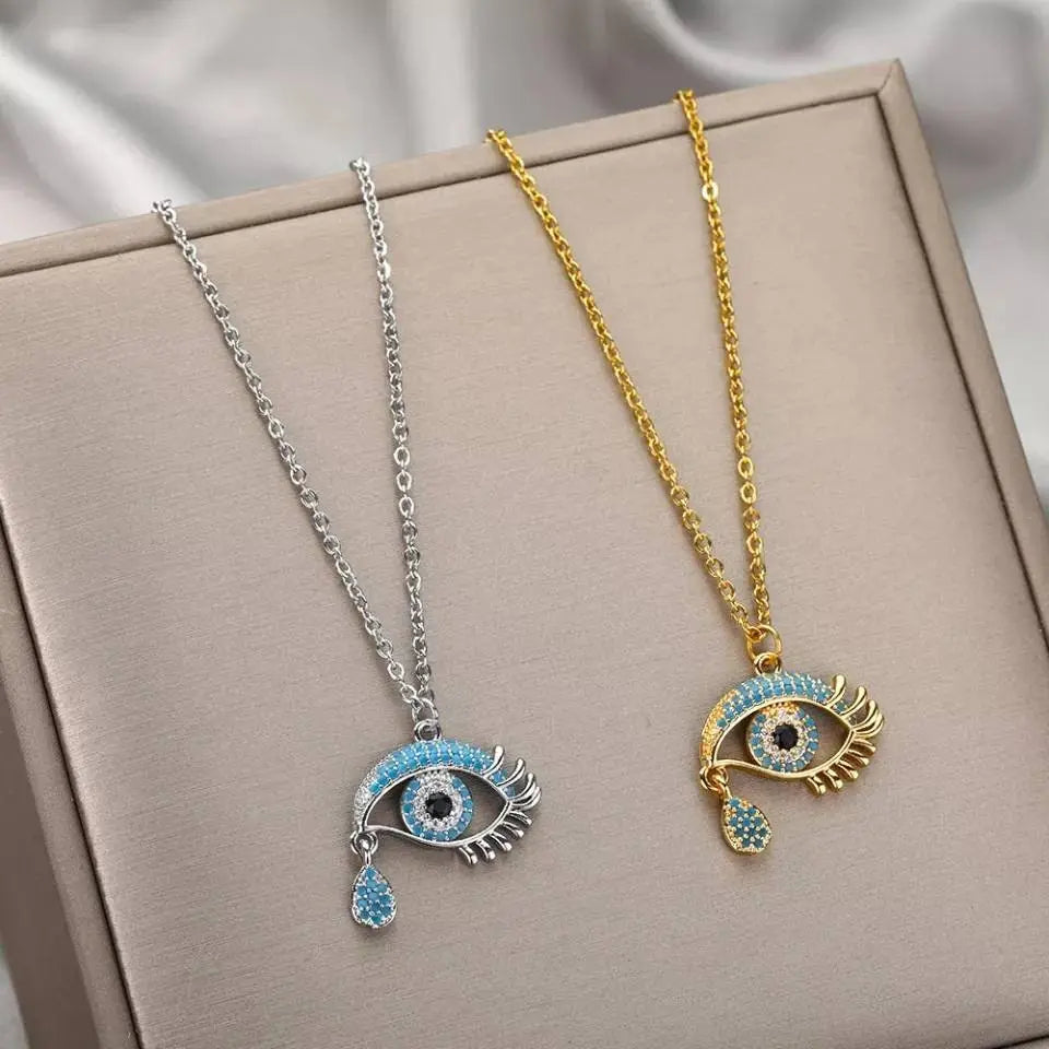 18K Gold Plated Evil Eye Pendant Necklace Clavicle for Women Stainless Steel Gold Plated JettsJewelers