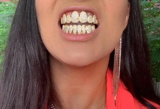 18K Gold Plated Iced Out Simulated 8 Top and Bottom Diamond Grills for Your Teeth JettsJewelers