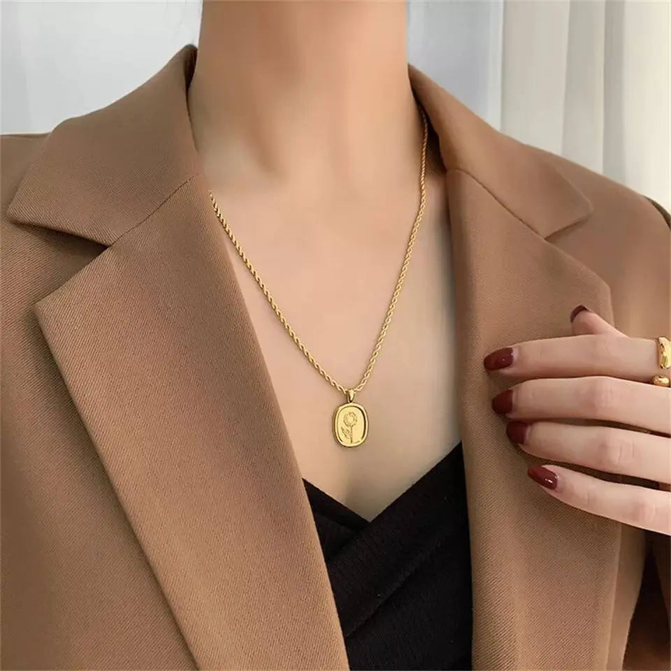 18K Gold Plated Oval Flower Pendant Rope Necklace for Women JettsJewelers
