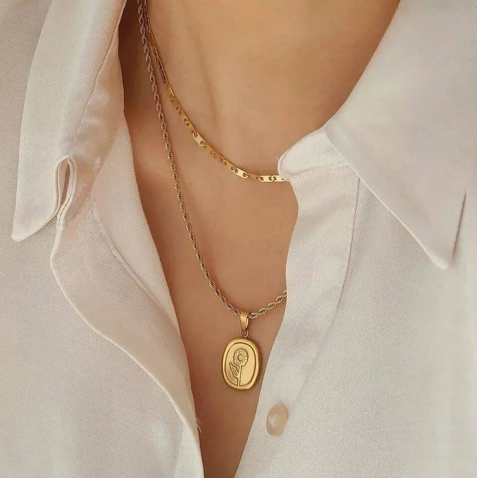 18K Gold Plated Oval Flower Pendant Rope Necklace for Women JettsJewelers