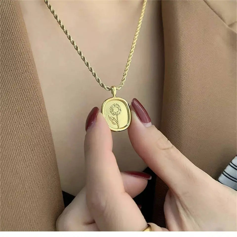 18K Gold Plated Oval Flower Pendant Rope Necklace for Women JettsJewelers
