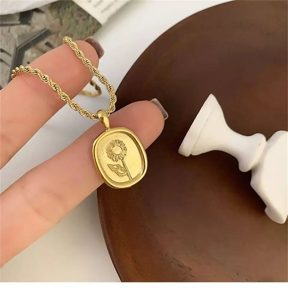 18K Gold Plated Oval Flower Pendant Rope Necklace for Women JettsJewelers