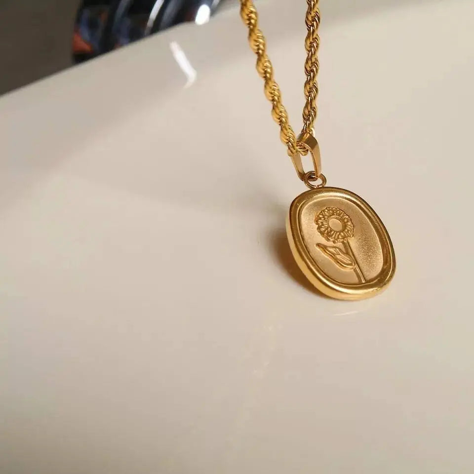 18K Gold Plated Oval Flower Pendant Rope Necklace for Women JettsJewelers