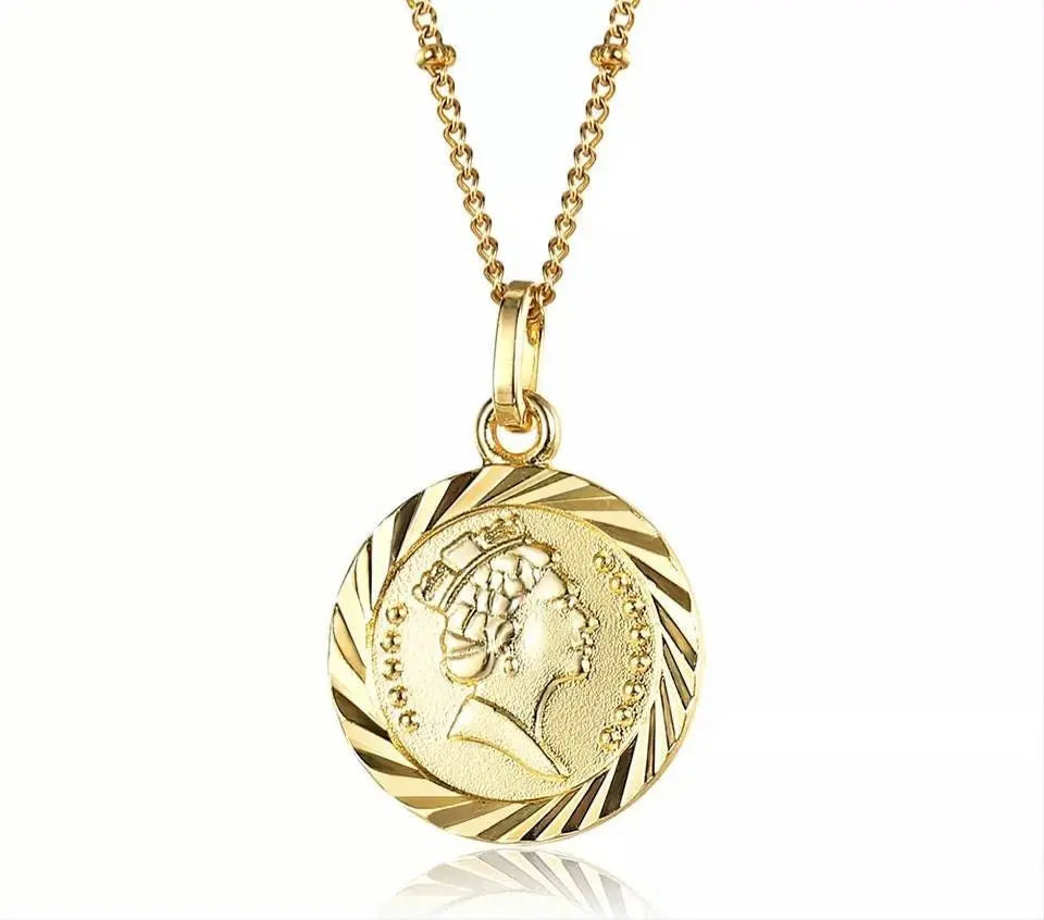 18K Gold Plated Round Queen Elizabeth Pendant Necklace Queen Elizabeth II JettsJewelers