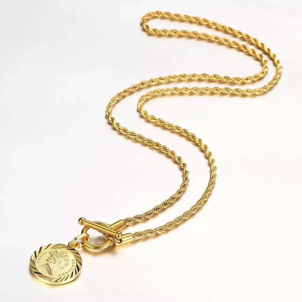 18K Gold Plated Round Queen Elizabeth Pendant Rope Necklace Queen Elizabeth II JettsJewelers