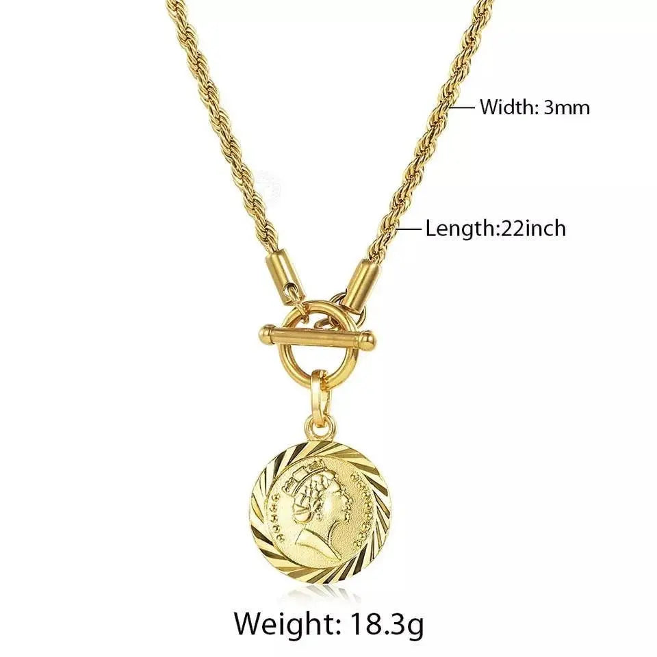 18K Gold Plated Round Queen Elizabeth Pendant Rope Necklace Queen Elizabeth II JettsJewelers