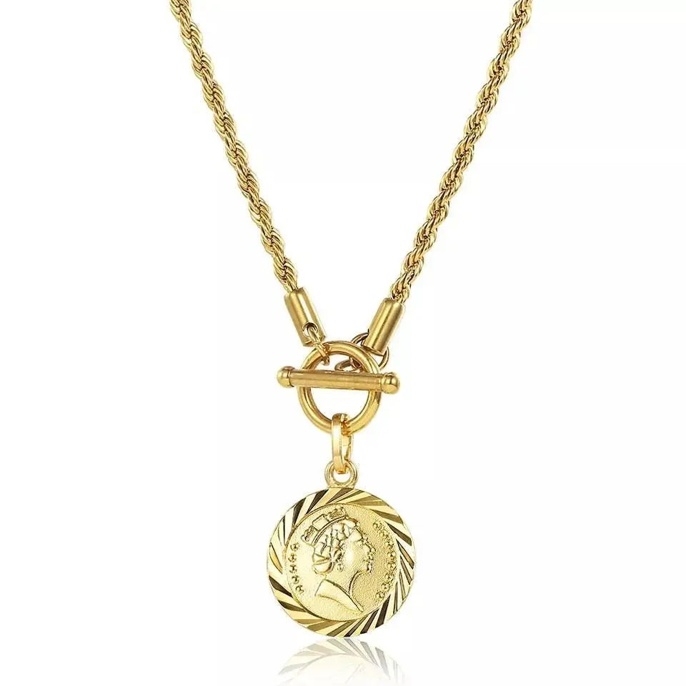 18K Gold Plated Round Queen Elizabeth Pendant Rope Necklace Queen Elizabeth II JettsJewelers